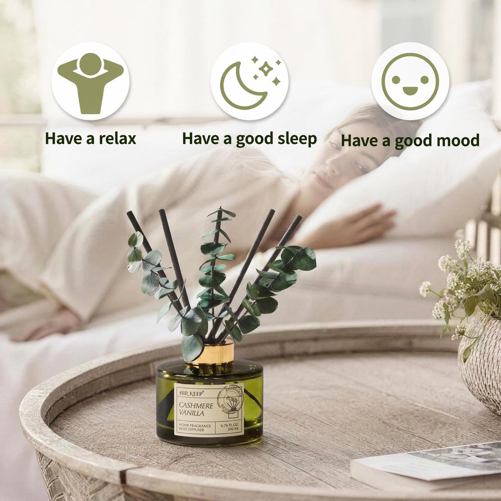 Reed Diffuser Set with 6.76 fl oz Cashmere Vanilla Scent Essential Oils and 3 Leaves & 8 Diffuser Sticks, Bathroom