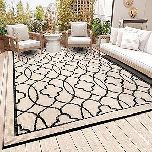 Outdoor Rug Waterproof 8x10 ft Outdoor Carpet Patio Rug Black Beige