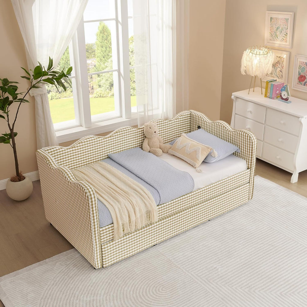 Twin Size Gingham Daybed with Trundle and USB Ports | Upholstered Daybed Living Room Guest Room-Brown
