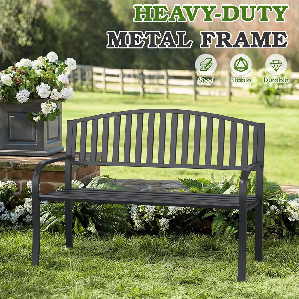 50" Outdoor Garden Bench, Iron Metal Frame Patio Bench with Backrest and Armrests, Weatherproof Anti-Rust Outdoor