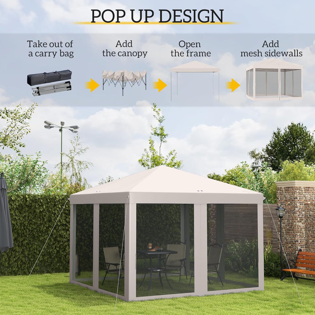 10' x 10' Pop Up Canopy Tent with Netting, Instant Gazebo, Screen House Room with Carry Bag, Height Adjustable Beige