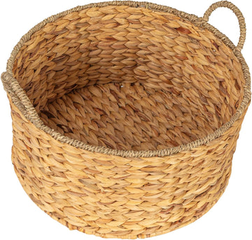 Round Handwoven Water Hyacinth and Seagrass Basket with Handles, Natural