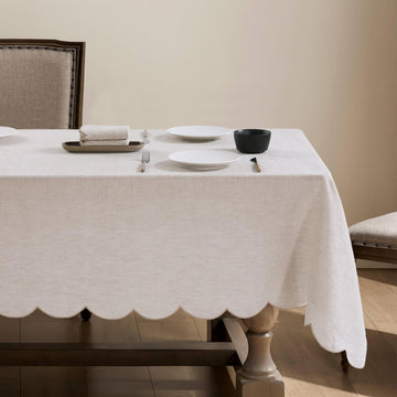 100% French Flax Linen Tablecloths Scalloped Embroidery Rectangle 84Lx60W Inch for Dinners, Parties, Spring, Easter