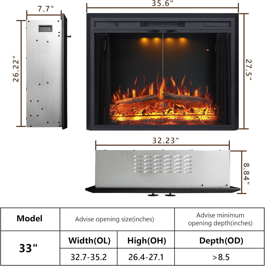 35.63” W 27.5" H Electric Fireplace Insert with Low/High Temperature Settings
