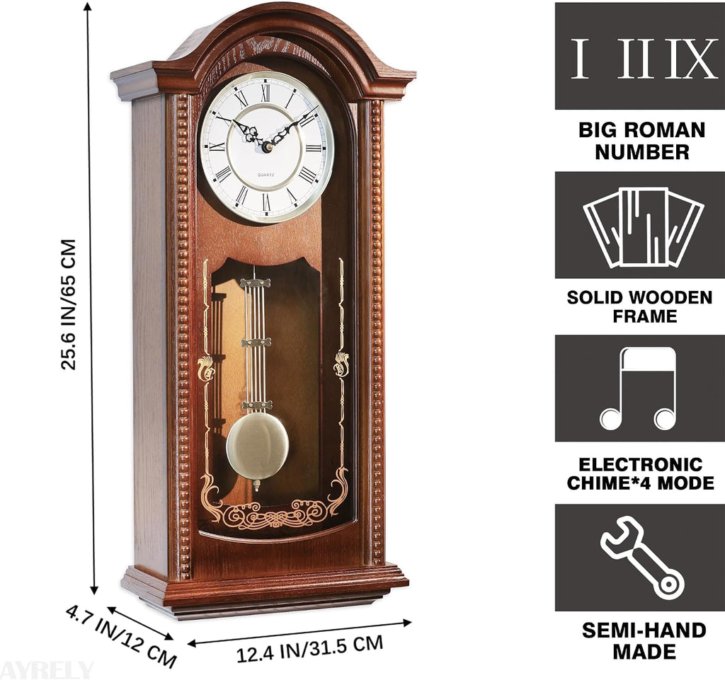 Grandfather Vintage Wall Clock with Pendulum and Chime, Hour/Quarter-Hour Chime, Elmwood Frame, Large Vintage Wall Clock for Living...