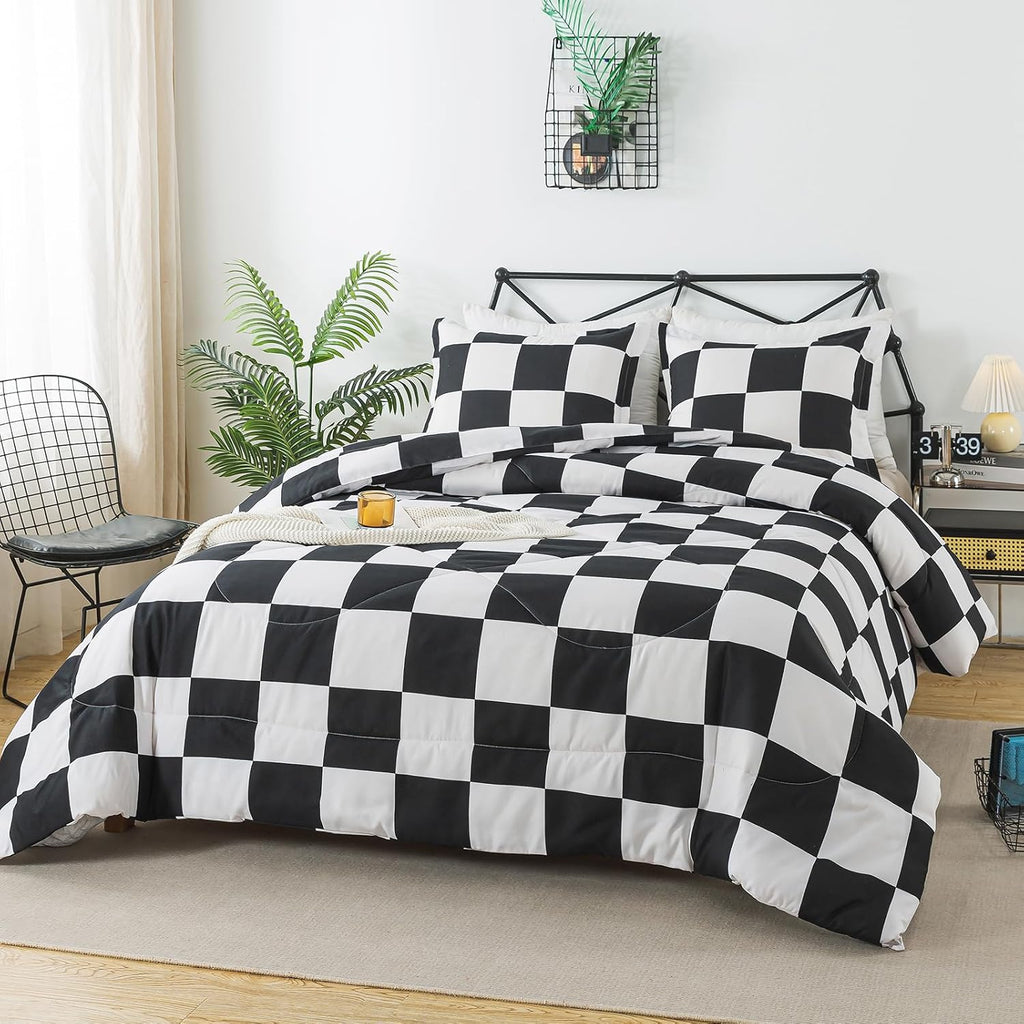 Black and White Checkered Comforter Set, Plaid Checkered Boys Bedding Set for All Seasons, Farmhouse Soft
