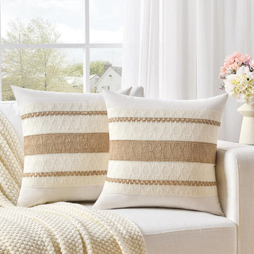 Set of 2 Boho Neutral Decorative Throw Pillow Cover 18x18 Inch, Aesthetic Modern Organic Farmhouse Home Decor, Soft