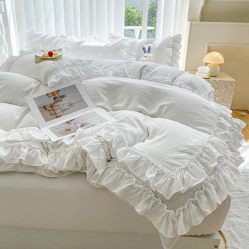 Lace Ruffle Duvet Cover 3 Pieces Bedding, White Duvet Cover Set with 2 Layers Ruffles, Soft Brushed Microfiber