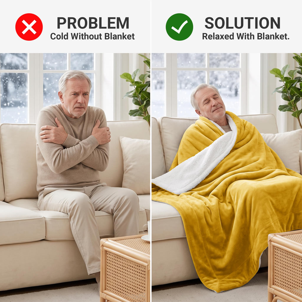 2 Pack Sherpa Throw Blankets 50x60" Couch Mustard