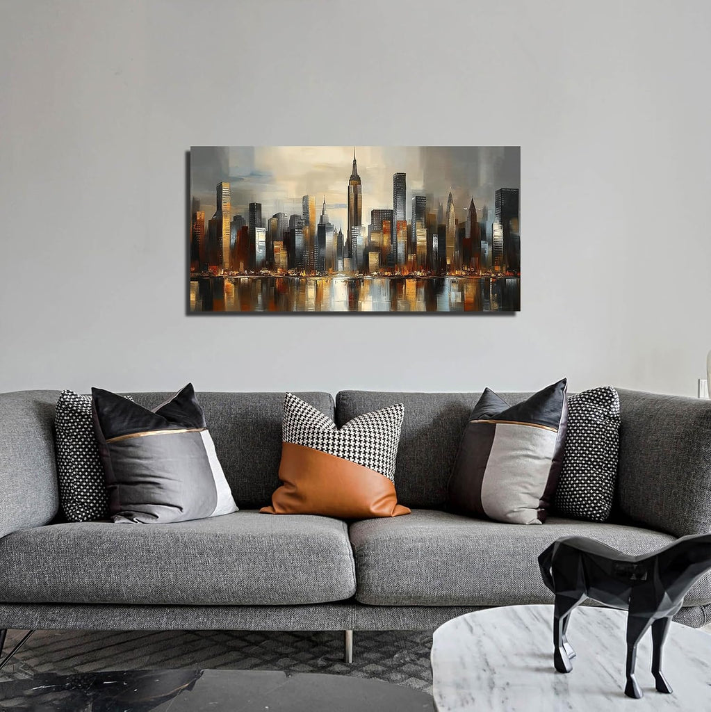City Wall Art , Gold and Grey Wall-Decor , Modern Cityscape Poster Canvas Print