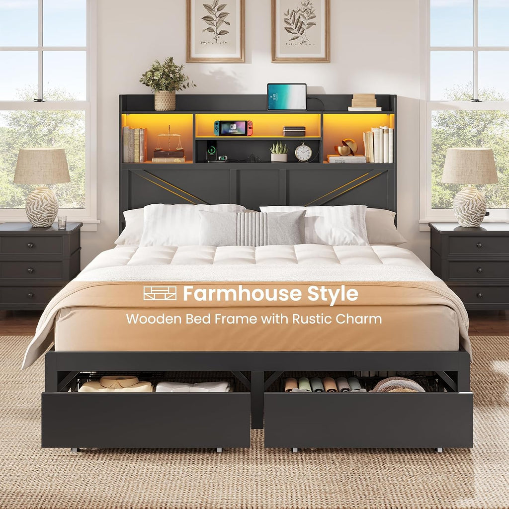 Queen Bed Frame with 6 Storage Drawers, Farmhouse Bed Frame Queen with Bookcase Headboard, LED Lights & Charging