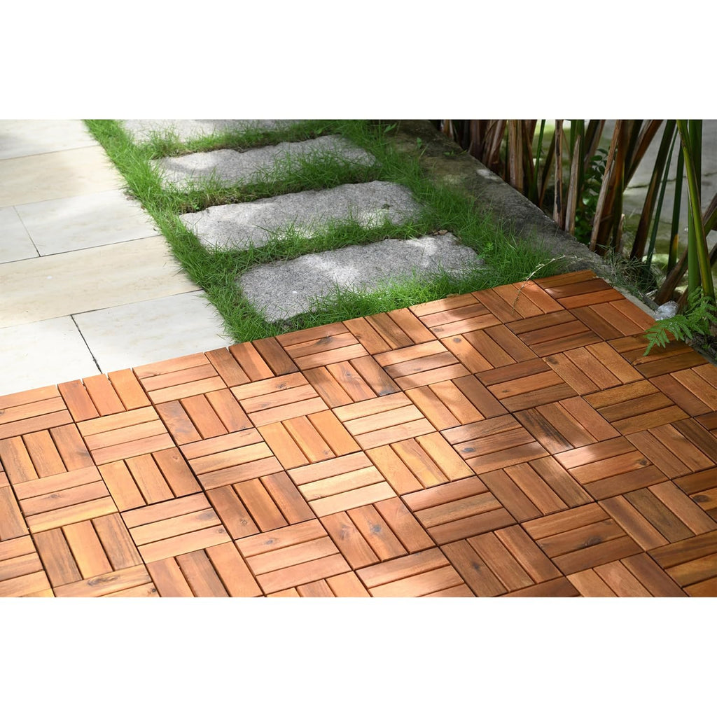 Bliss Outdoors Hardwood 12-Slat Interlocking Deck Tiles, Acacia Wooden Waterproof Patio Flooring for Balcony Indoor and