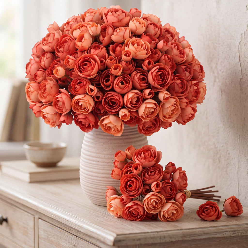 48 Pcs Ranunculus Artificial Flower, Orange-red