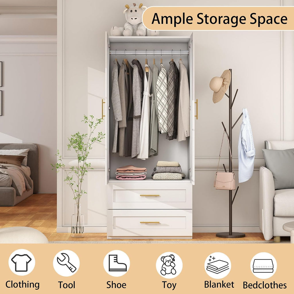 White Wardrobe with 2 Doors: 75" Tall Armoire Wardrobe Closet with 2 Drawers, Bedroom Closet Cabinet for Hanging