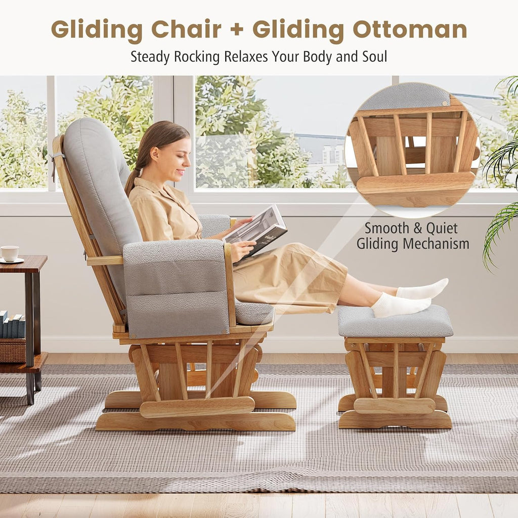 Nursery Glider with Ottoman, Upholstered Comfort Glider Rocker with Padded Cushion, Storage Pocket, Solid Wood Base