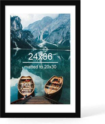 24x36 Picture Frame, Black Wood Style, Wall Mounting | Display Posters 20 x 30 with Mat or 24 x 36 without Mat, 1