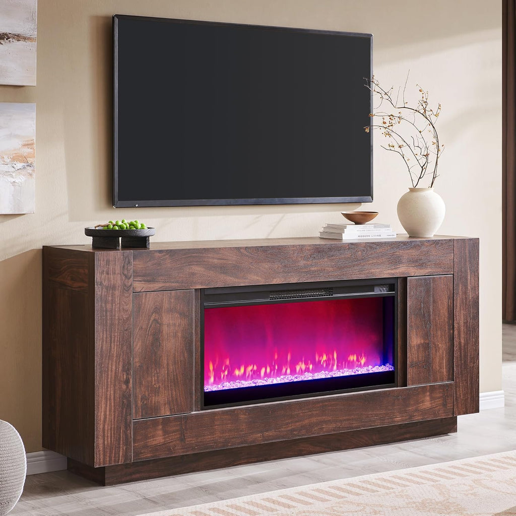 70 Inch Modern Fireplace TV Stand with 36 Inch Electric Fireplace, Entertainment Center for TVs up to 80 Inches, Media Console with Side Cabinets, Dark Walnut