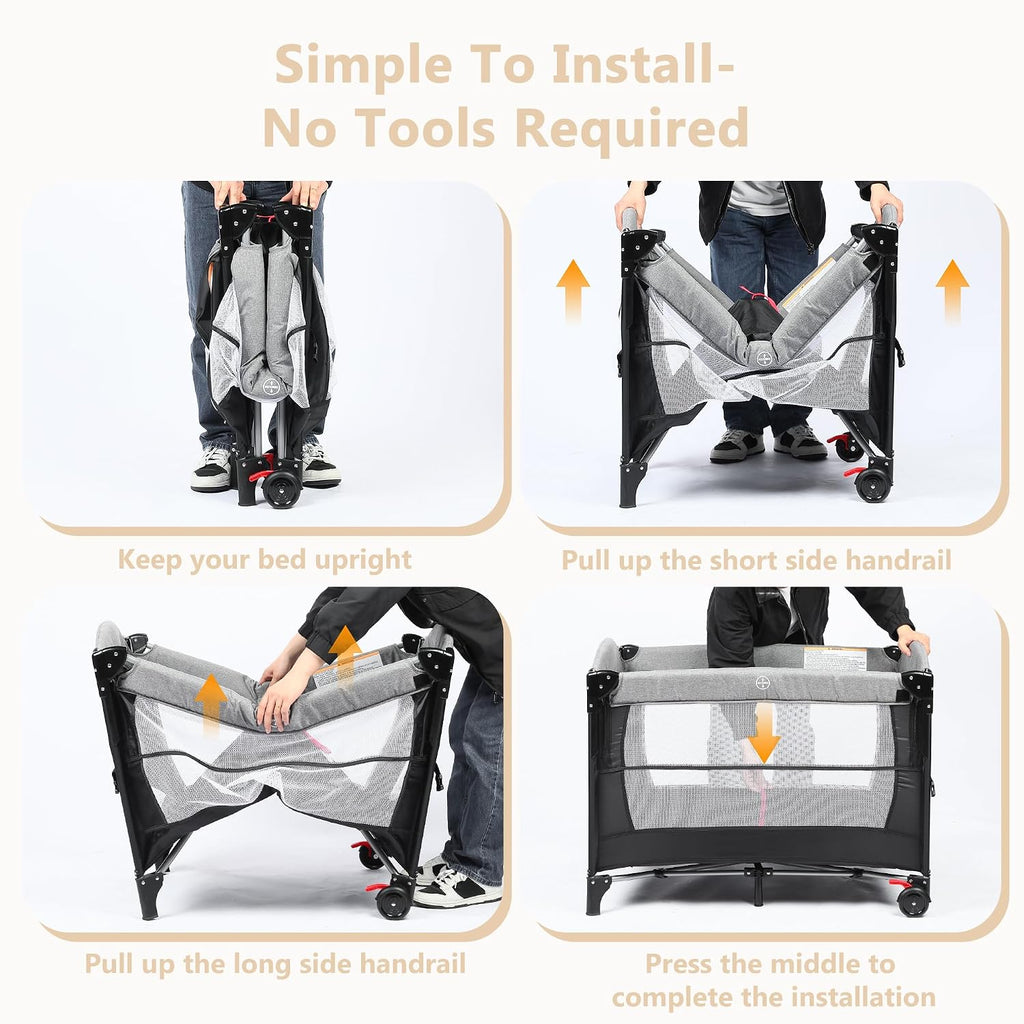 4 in 1 Portable Baby Playard, Baby Bedside Crib, Grey | Foldable Pack and Play w/Bassinet, Newborn Changing Table