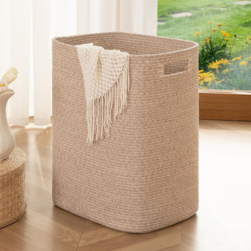 Laundry Hamper, Rectangle Cotton Laundry Basket with Handles, Large Blanket Basket , Woven Decorative Storage for