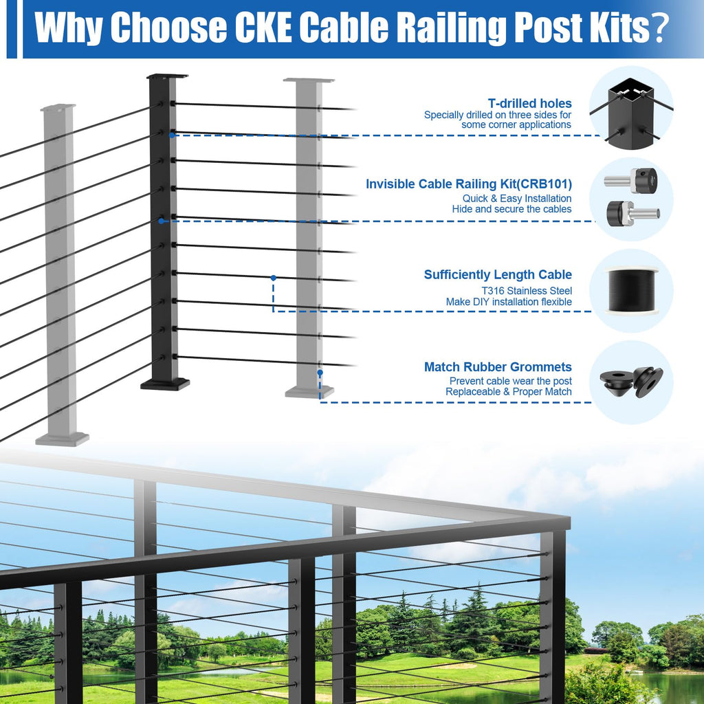 36" Cable Railing Corner Post(Post 35"x2"x2"), L-Drilled Corner Post with Flat Top Mount, Stainless Steel Black