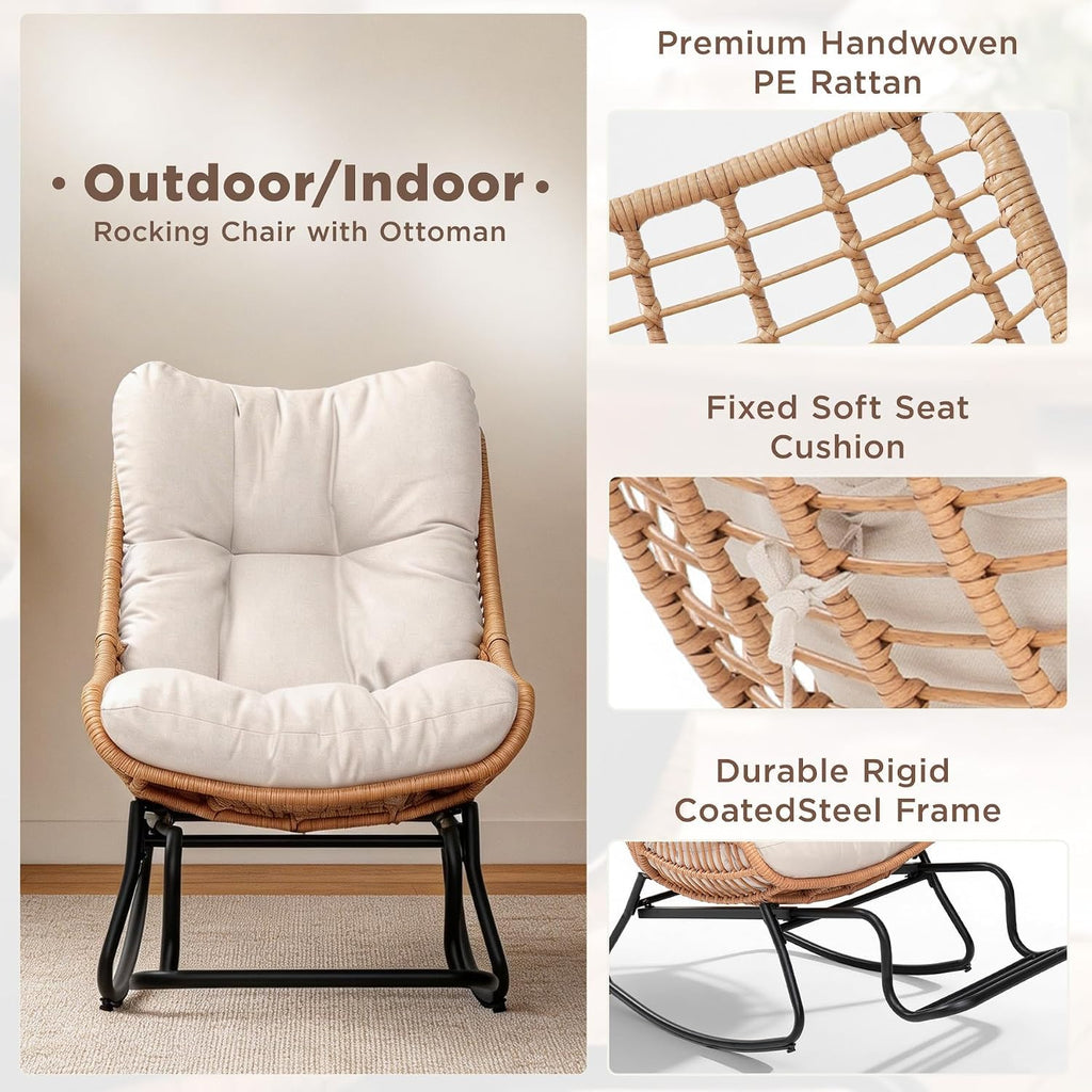 Outdoor Rocking Papasan Chair with Adjustable Footrest, Patio Egg Rocking Chair with Thick Cushion, Steel Frame