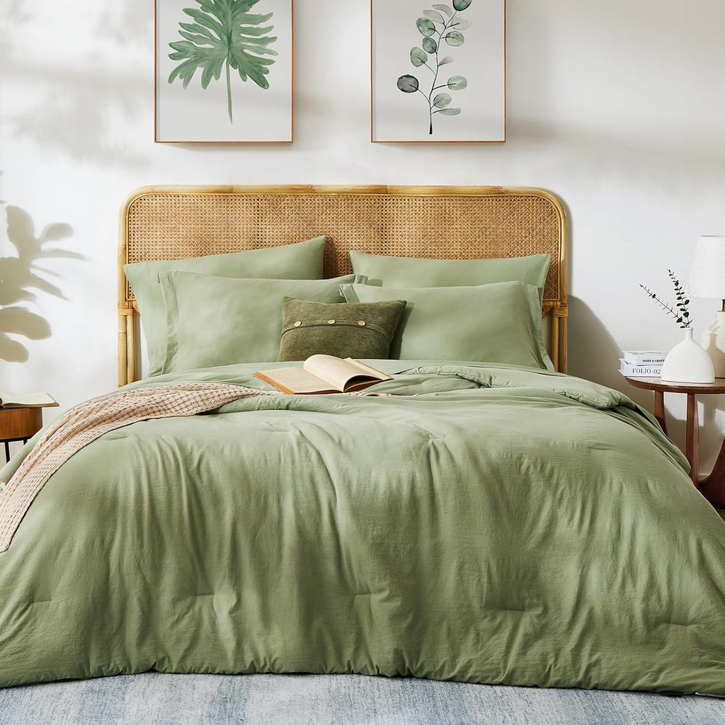Comforter Set - 7 Pieces Sage Green Soft Bed in a Bag with Fitted Sheet, Flat Sheet, 2 Pillow Shams