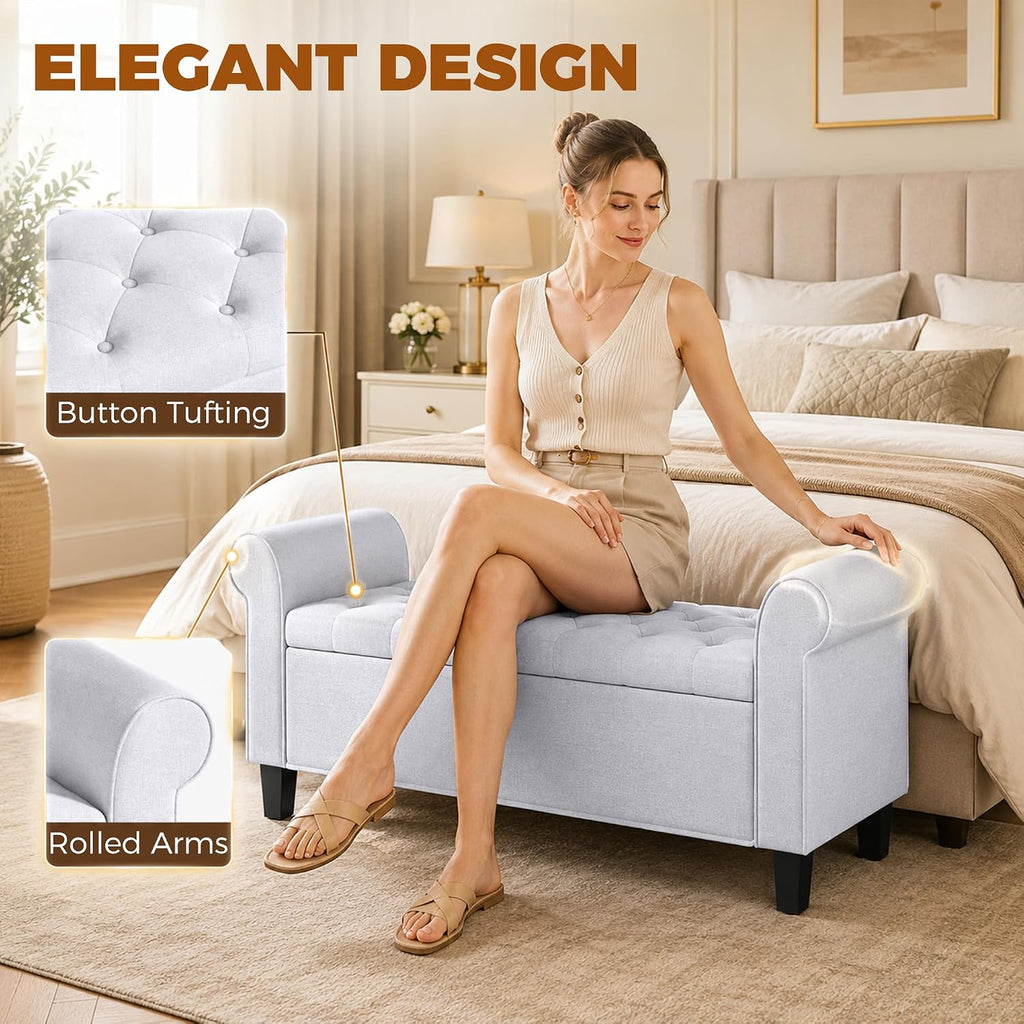 47" Ottoman wih Storage End of Bed Bench with Rolled Arms Light Gray | Storage Chest, Safety Hinge, Wooden Legs