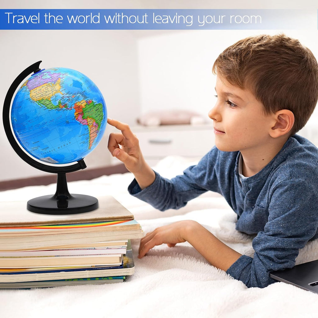 World Globe for Kids Learning, 8 inch Interactive Spinning Earth Globe for Children with Stand, Self-Assembled World