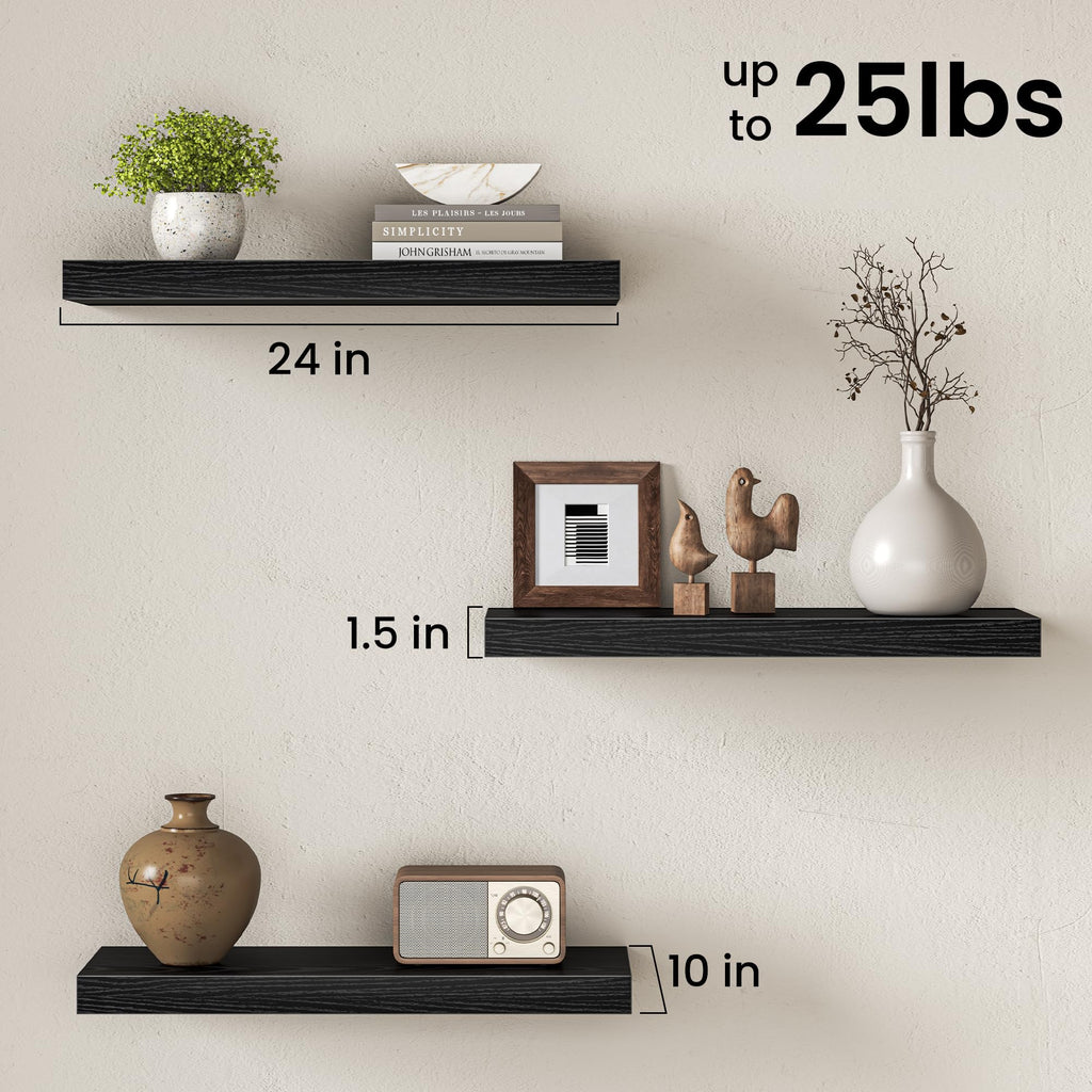 10" Deep Floating Shelves with Invisible Brackets, 24" Wall Shelves Bedroom Living Room, Modern Rustic Shelves Decor