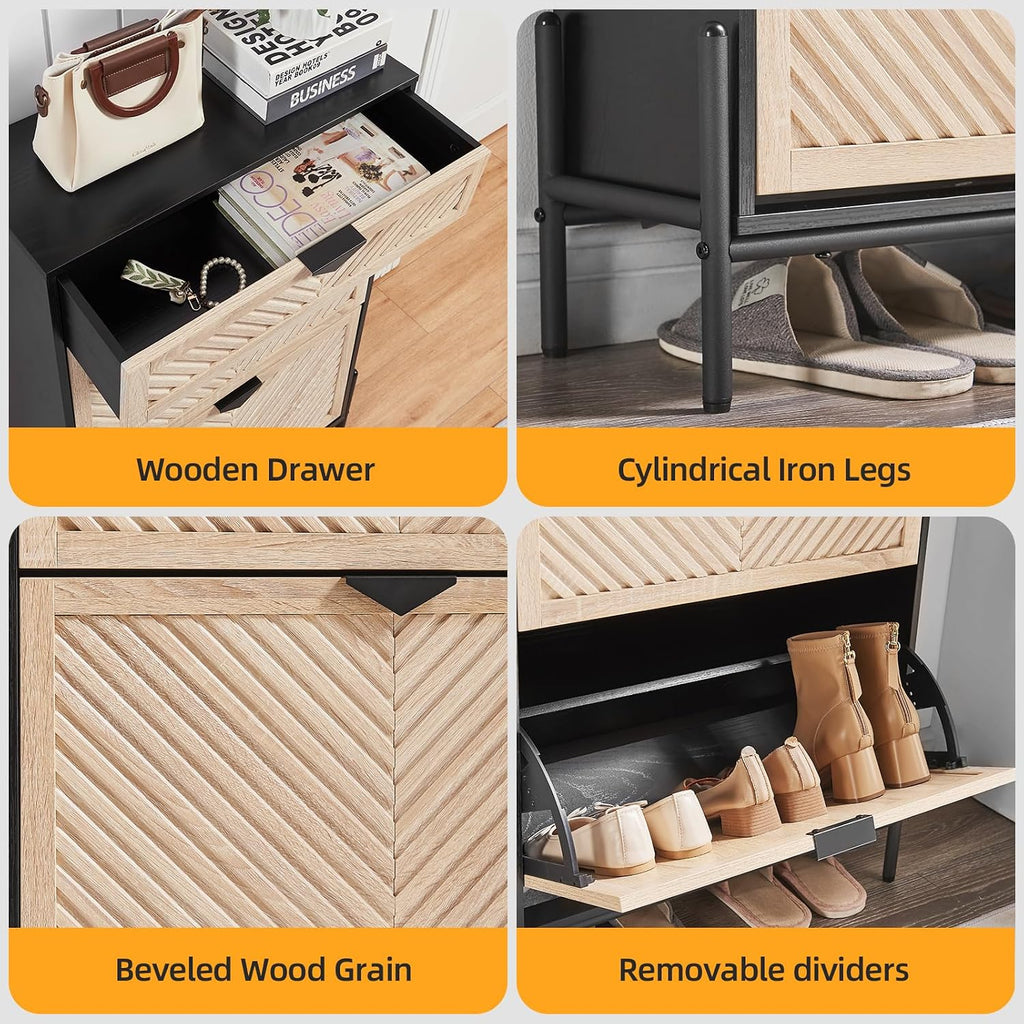 Shoe Cabinet Storage with 2 Flip Drawers, Narrow Hidden Shoes Organizer Cabinet , Freestanding Slim Shoe Rack Front