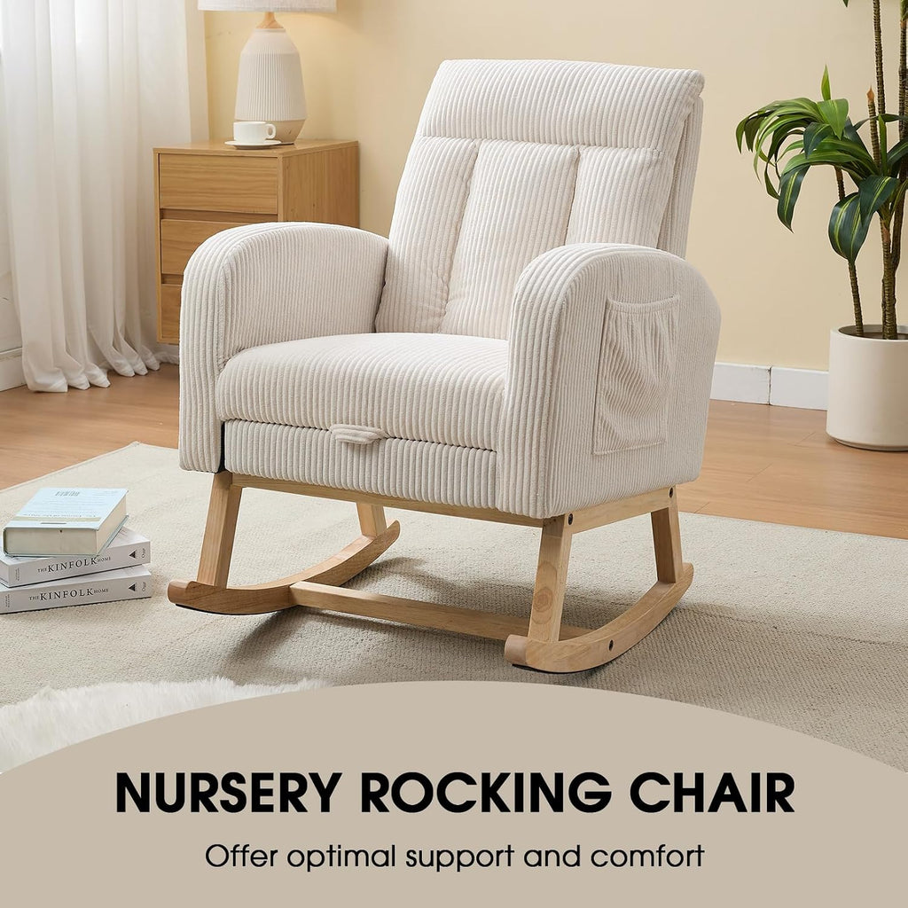 Nursery Rocking Chair, Corduroy Upholstered Rocking Chair with Adjustable Footrest, Tufted Rocker Chair with Side