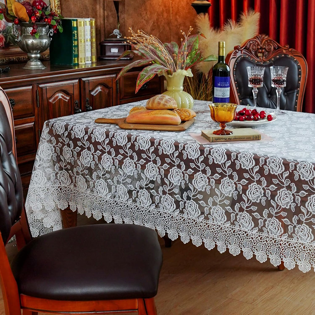 Rectangle Tablecloth White Embroidered Lace Raised Rose Pattern Fabric Farmhouse Rustic Table Cloth 