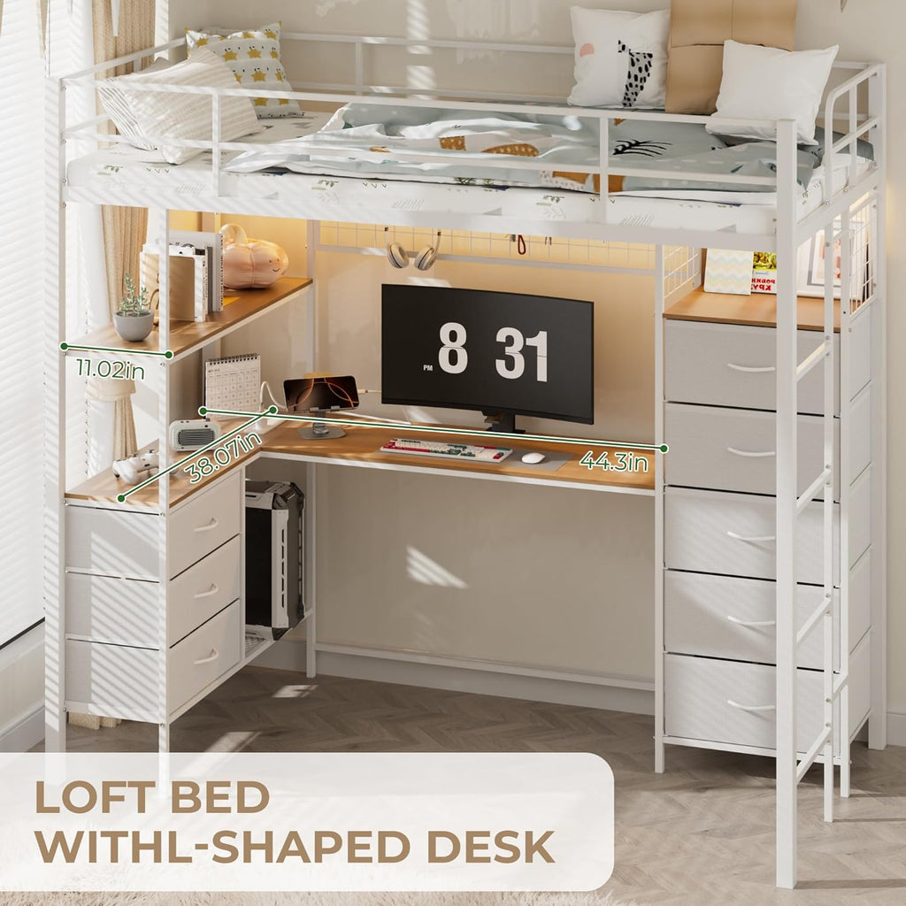 Twin Loft Bed with Desk, LED Lights, Charging Station