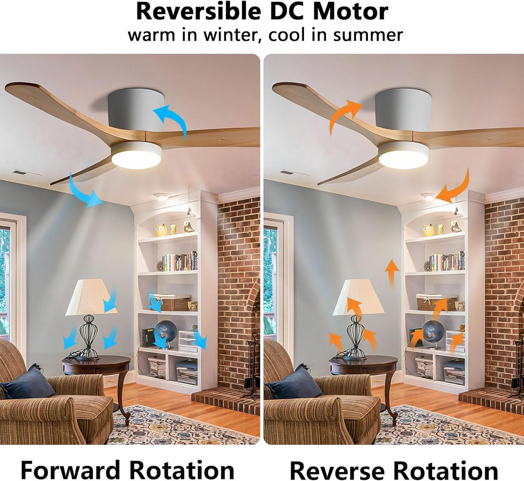 48" Quiet Ceiling Fan with LED Lights - 6 Speed Remote, 3 Color Temperatures, Modern Wood Flush Mount Ceiling Fans