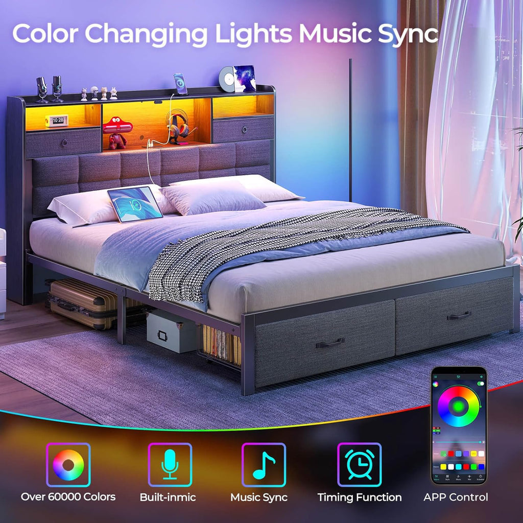 Bed Frame Full with Drawers and Charging Station, Upholstered Platform Bed with Storage Headboard and LED Light