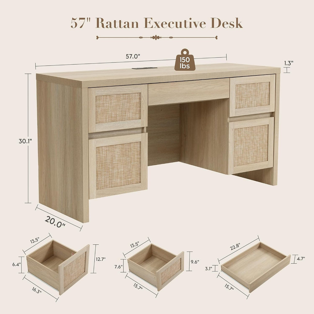 Executive Desk with 5 Drawers, 57" Modern Rattan Home Office Desk with Charging Station, File Drawer