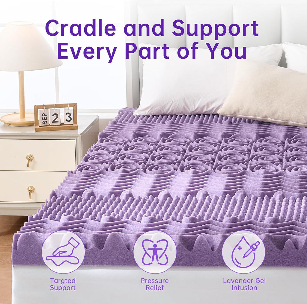 3 Inch 7-Zone Queen Mattress Topper, Egg Crate Memory Foam Mattress Topper Queen Size for Back Pain, Lavender Gel