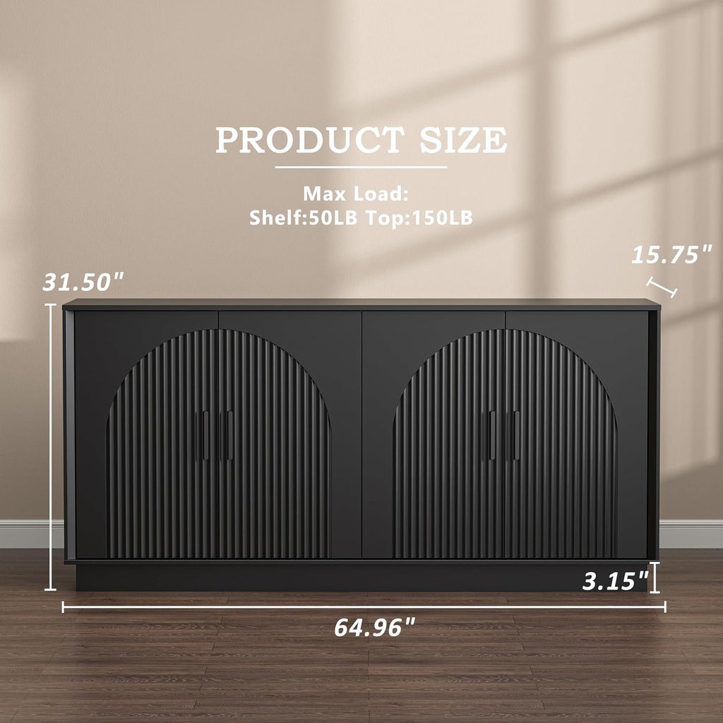 Buffet Cabinet with Storage, 65" W Fluted Sideboard Buffet Cabinet with Adjustable Shelves, Single-Box Modern Wood