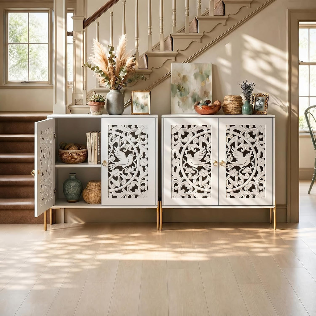 Accent Cabinet with Doors, Hollow-Carved Pattern Buffet Cabinet with Storage, Freestanding Sideboard Cabinet Dining