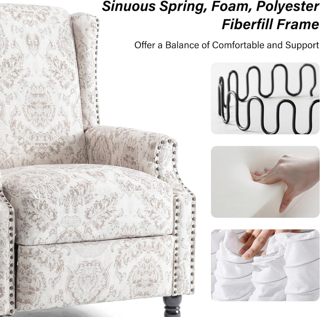 Wingback Floral Pushback Recliner Chair, Beige, Set of 1 | Cotton Linen Fabric | High-Density Foam Seat | Solid Wood