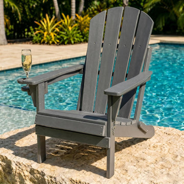 HDPE Folding Adirondack Chair, Outdoor Patio Chair with Cup Holder, Weather Resistant, Fire Pit Porch Deck Garden