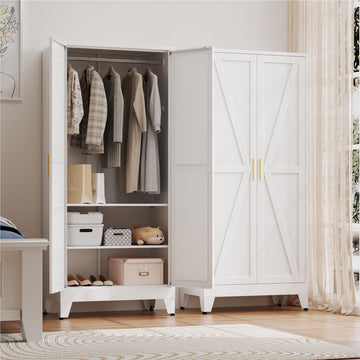 Metal Armoire Wardrobe Closet with Hanging Rod,71H Metal Cabinet with Doors and Shelves,Freestanding Farmhouse