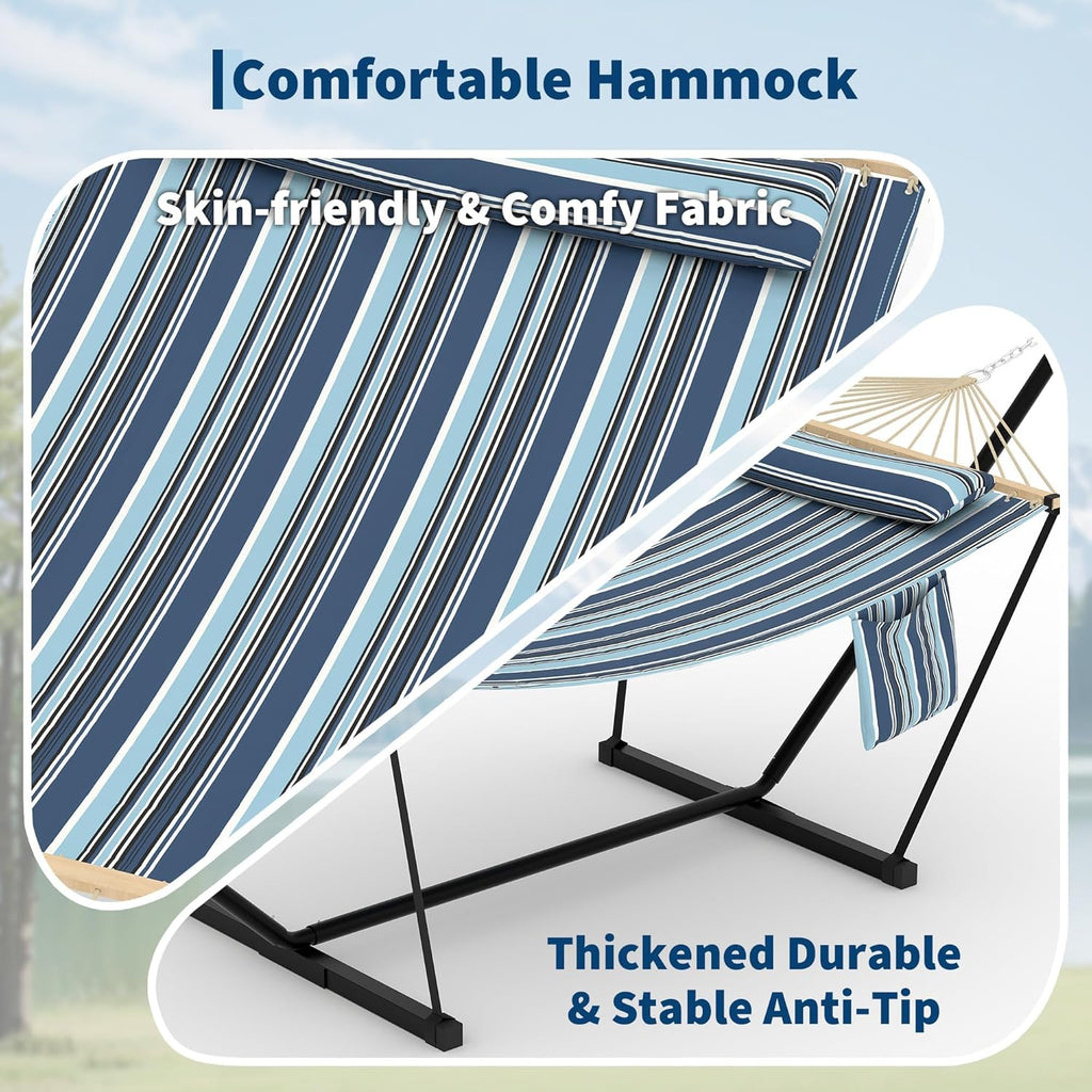 Double Hammock with Stand for Outdoor - Heavy Duty Portable 2 Person Hammock with Adjustable Steel Stand, 450 Lbs