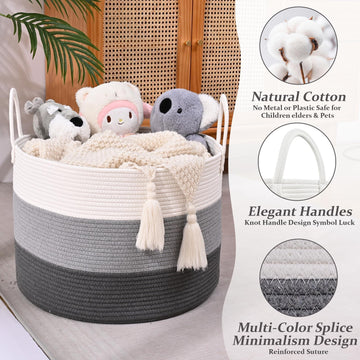 Large Woven Blanket Basket, 67L Cotton Rope Laundry Basket