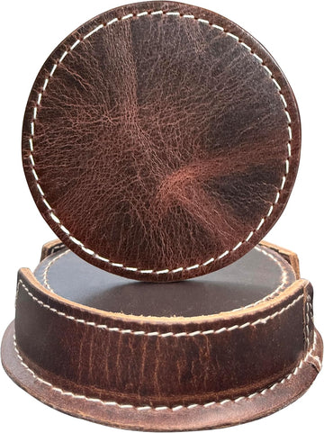Leather Coasters for Drinks with Holder, Round, Dark Brown - Set of 6