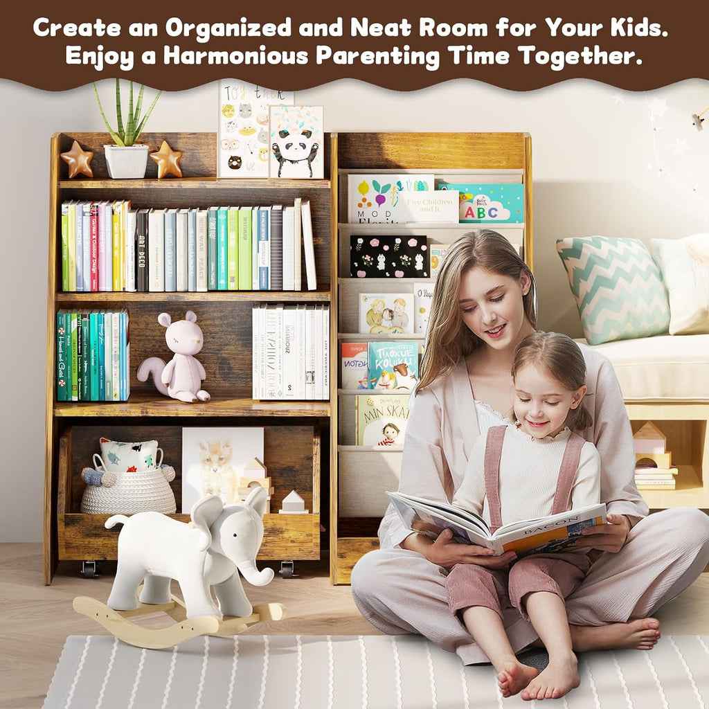 Kids Bookshelf and Toy Storage, 4 Tier Toddler Bookshelf with Movable Drawer (Brown)