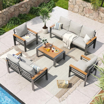Aluminum Patio Furniture Set 7 Seats, Oversized Outdoor Sectional with Washable Thick Cushions, Coffee Table, Patio