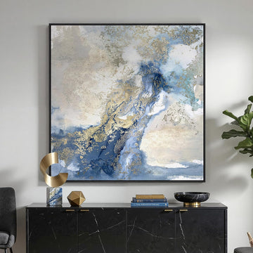 Extra Large Framed Blue Abstract Wall Art , Oversized Square Modern Canvas Prints Paintings for Walls, Minimalist