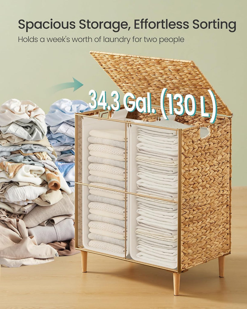 Laundry Hamper 2 Sections, 34.3 Gal. (130 L) Handwoven Water Hyacinth Wicker Laundry Basket with Lid, Natural