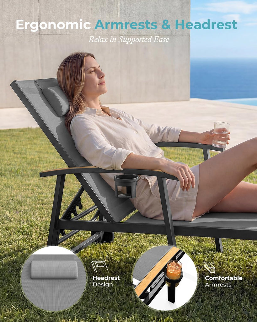 Outdoor Lounge Chair with Pillow, 5-Position Aluminum Chaise Lounge with Wheels & Armrests, 400 lbs Heavy Duty Patio